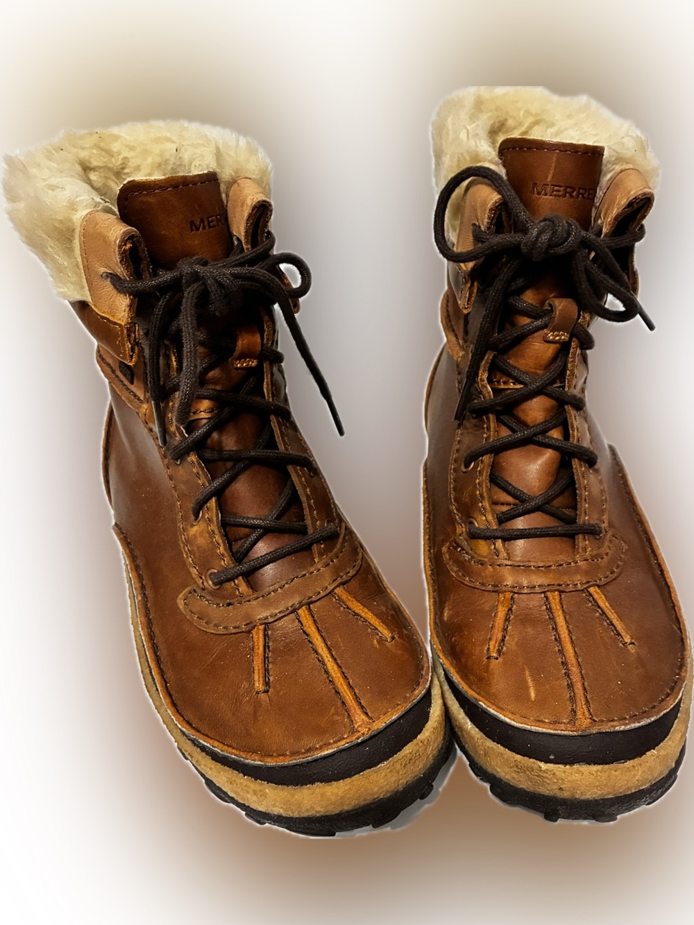 MERRELL Women’s Tremblant Brown Leather Fur-trim Snow Ankle Boots